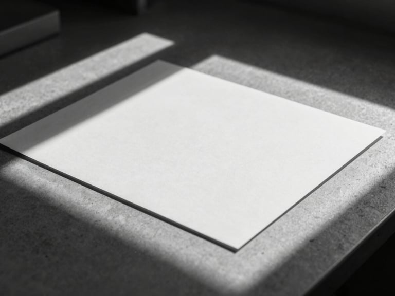 Tight abstract crop of tactile paper collateral on a concrete desk, harsh direct sunlight casting sharp geometric shadows, monochrome