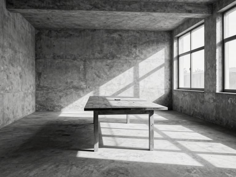 Wide environmental shot of an empty brutalist concrete boardroom, a single long wooden table, sharp geometric shadows from high windows, monochrome