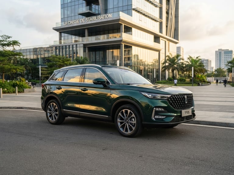 Un SUV Bestune T55 vert foncé garé devant un immeuble de bureaux moderne au Plateau à Abidjan, lumière du jour douce, reflets dorés, style photographique corporate haut de gamme.