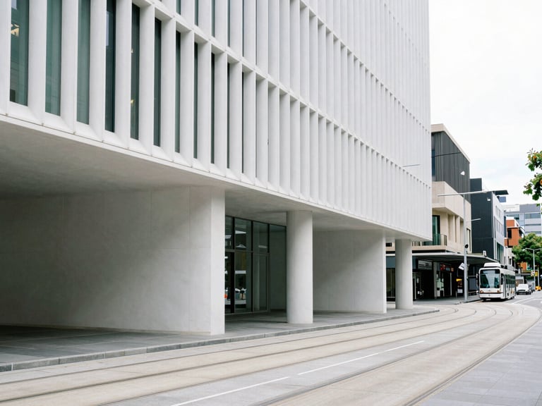 Modern architectural detail of Melbourne streetscape, clean lines, soft overcast lighting, tram tracks curving elegantly, minimalist perspective