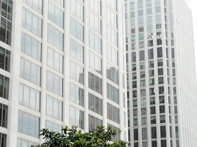 Minimalist architectural close-up of modern high-rise buildings in Sydney CBD, bright natural daylight, clean glass reflections, subtle green foliage at the bottom
