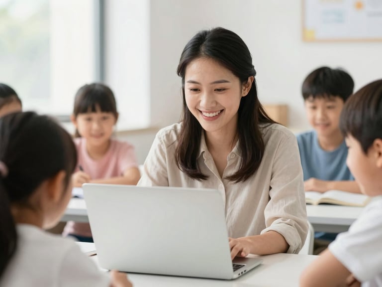 A smiling young female native-level English teacher talking warmly through a laptop screen, bright natural daylight, high-key inviting background, 35mm