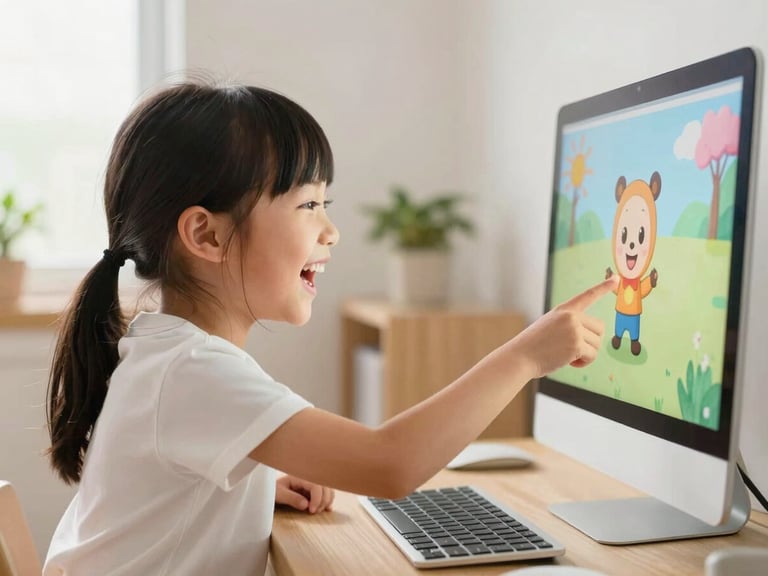 A happy little girl laughing while pointing at a colorful cartoon character on her computer screen, warm natural daylight, cozy room, 35mm