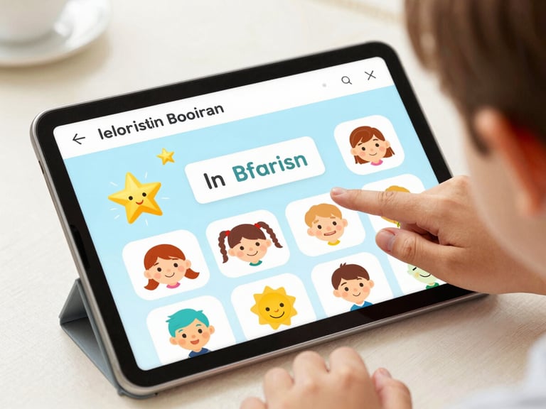 A close-up of a colorful gamified online English lesson interface on a tablet screen, showing stars, cartoon avatars, and friendly interactive elements, bright warm lighting, 35mm