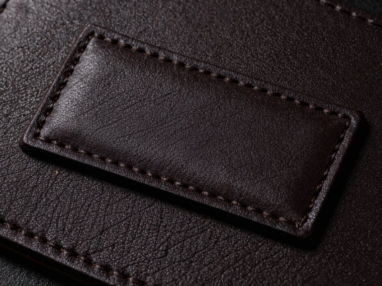 Extreme close-up of deep laser-engraved leather patch, showing crisp dark edges and textured grain, directional lighting, rich dark tones