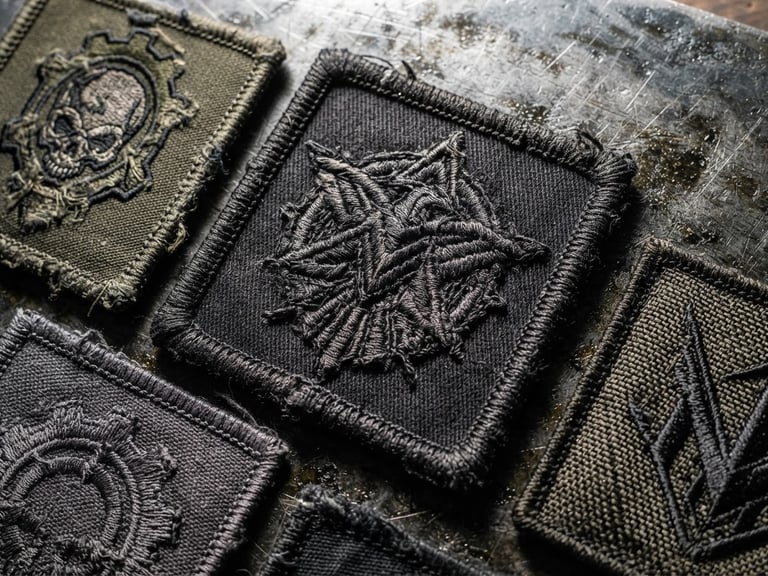 Tactile macro photography of custom patches on a steel plate, hard directional side-lighting, extreme close-up showing thick merrowed borders and heavy thread textures.