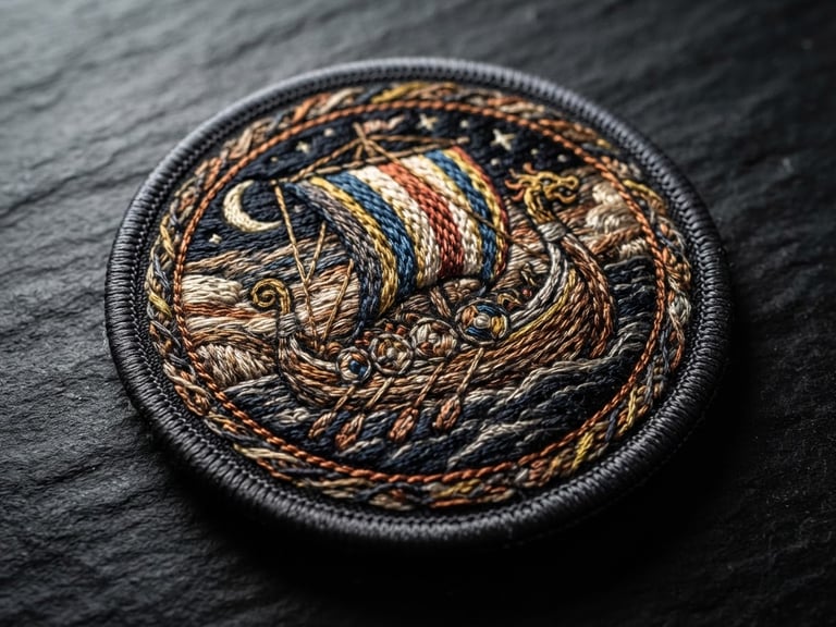 Tactile macro photography of a physical embroidered patch with high stitch density and sharp merrowed borders, resting on a dark slate background, hard directional side-lighting emphasizing thread texture