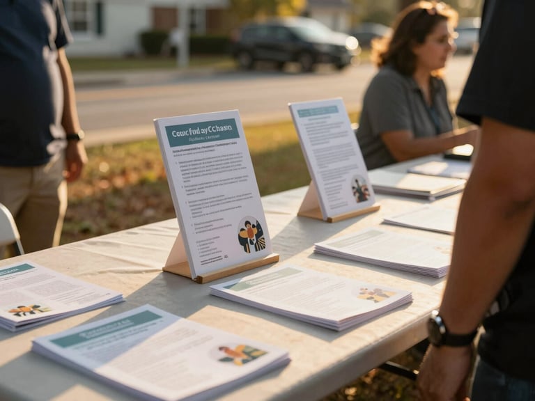 An outdoor community resource fair in a Georgia neighborhood, warm golden-hour light casting soft shadows on a table with informational guides.