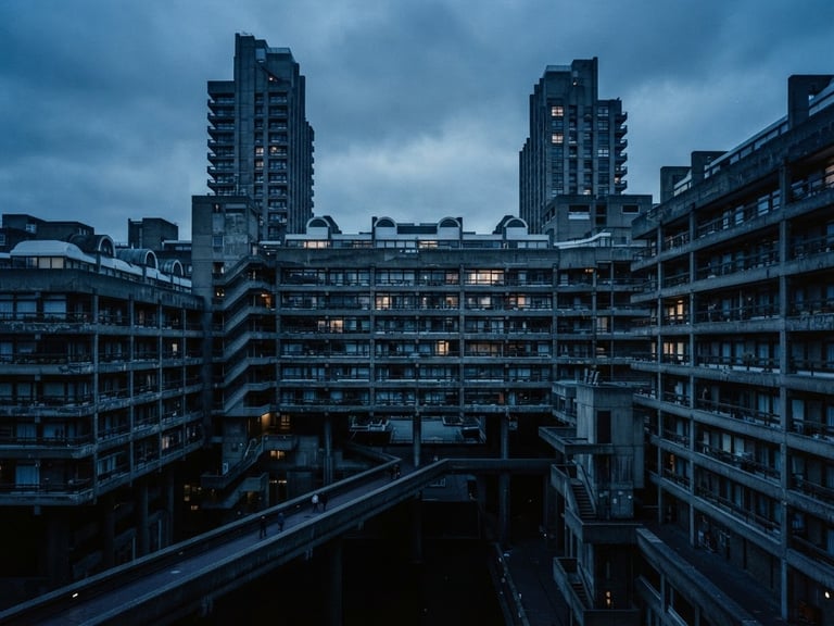 Wide panoramic brutalist architecture with stark concrete forms and grid lines under low, cool blue light, sharp focus, 35mm.