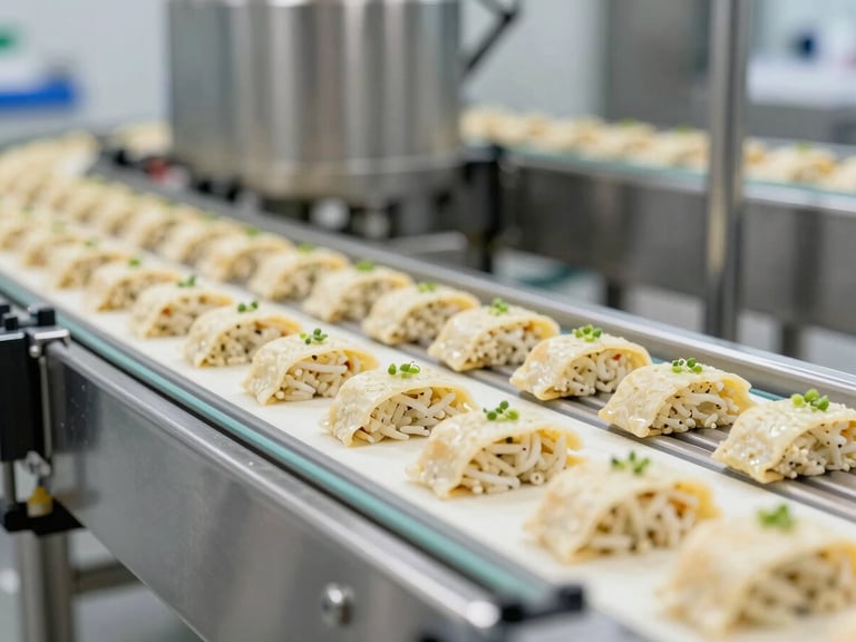 A close up of a sterile, modern food production line with stainless steel conveyor belts, bright overhead lighting, and hygienic packaging systems, high-end commercial style, sharp focus
