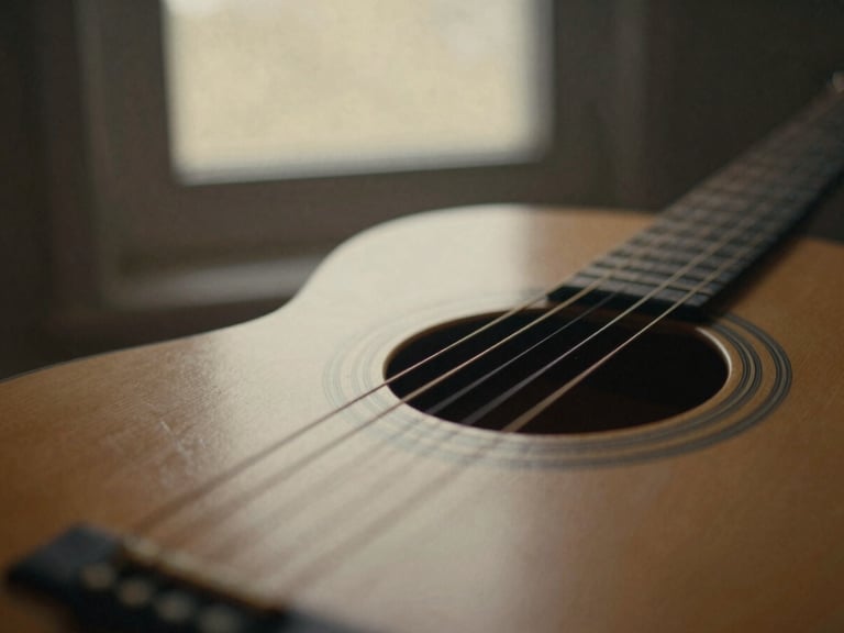 Close-up of acoustic guitar strings in soft window light, intimate and warm, blurred background, 35mm film grain