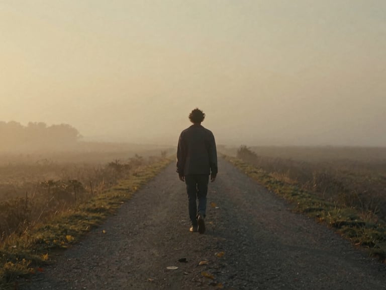 Solitary figure walking on a misty path, soft golden-hour light, cinematic landscape, muted earthy tones, 35mm film grain