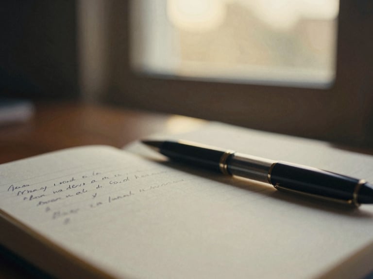Handwritten journal page with soft focus on a pen, warm window light, intimate depth of field, 35mm film grain