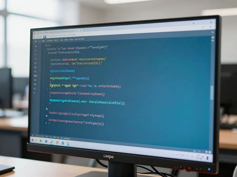 Close-up of clean code on a monitor in a bright classroom, soft daylight, professional training environment