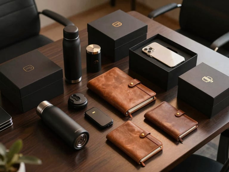 Overhead flat-lay of luxury corporate gift boxes, matte-black insulated bottles, leather-bound diaries, and high-end tech accessories arranged neatly on a dark executive desk, warm cinematic side lighting, rich gold accents.