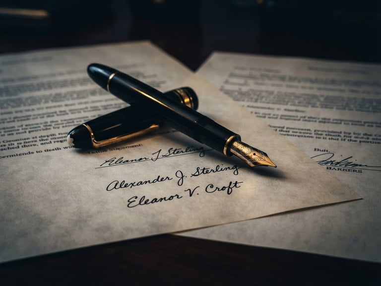Close-up of a luxury fountain pen resting on signed legal documents, dramatic low-key lighting, deep navy shadows and warm gold metallic reflections, sharp focus, editorial style