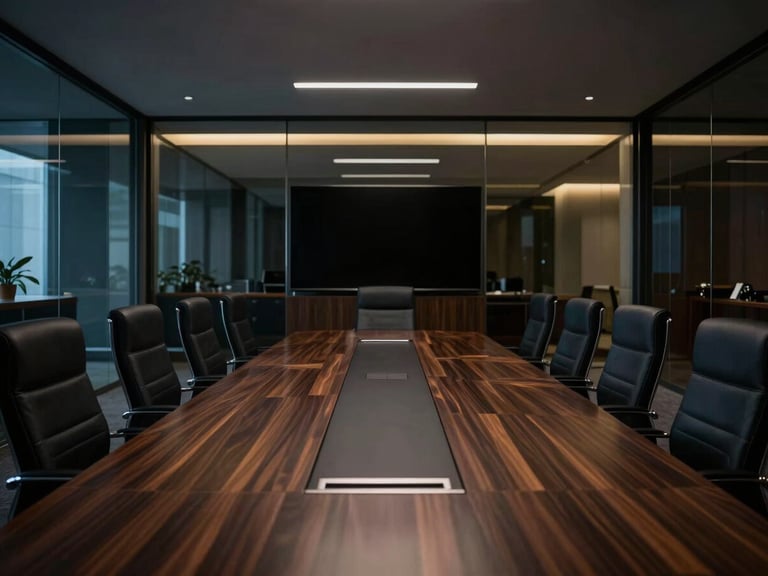 Wide environmental shot of an impressive corporate legal boardroom, dark wood table, architectural glass walls, dramatic low-key lighting, editorial style