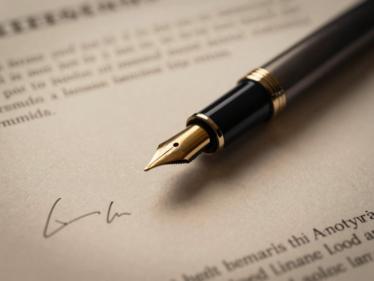 Close-up detail of a fountain pen resting on signed legal documents, warm gold tones, sharp focus, moody corporate photography