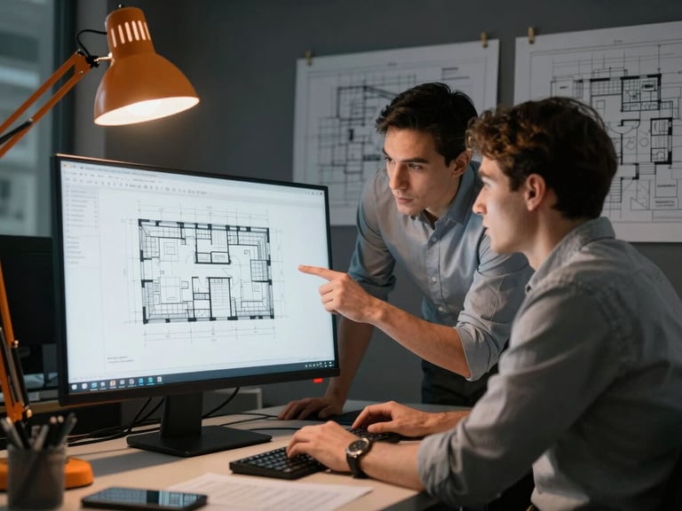 Wide shot of a structural engineer and architect reviewing CAD drawings on a large monitor in a dimly lit site office, orange accent light from a single desk lamp illuminating the screen edge, blueprint prints pinned behind them on a dark wall