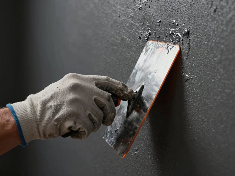 Extreme close-up of a plasterer's gloved hand running a steel finishing trowel across a freshly skimmed wall, deep orange accent light catching the wet surface edge, matte dark background, precise tool angle visible, no faces