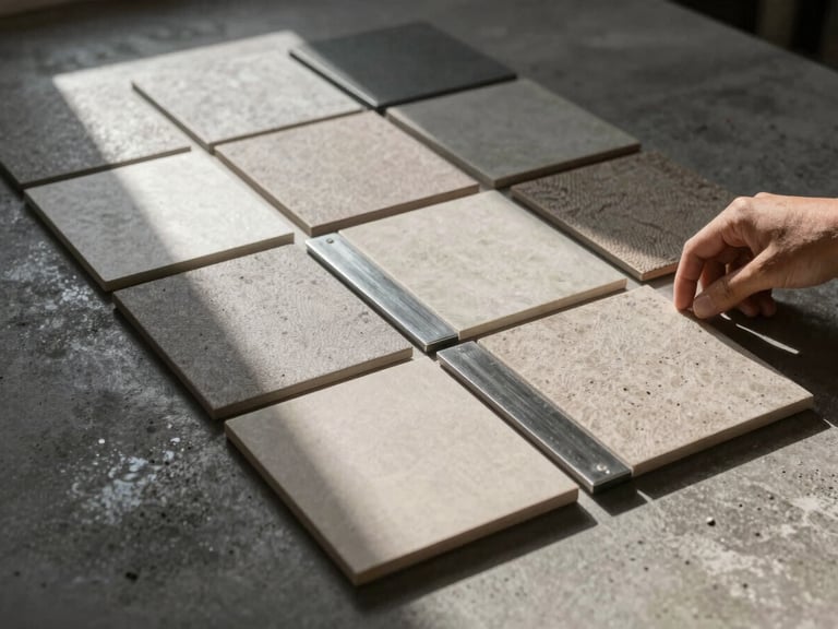 Interior design material board laid flat on a dark concrete surface — tile samples, metal finish strips, and fabric swatches arranged in a precise grid, cool north light raking across the textures from the upper left, a draughtsman's hand adjusting one tile corner