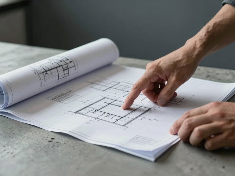 Close-up of two hands — one holding a rolled site plan, the other pointing at a structural detail on a blueprint spread across a concrete table, cool diffused daylight from the left, matte charcoal background, no faces visible