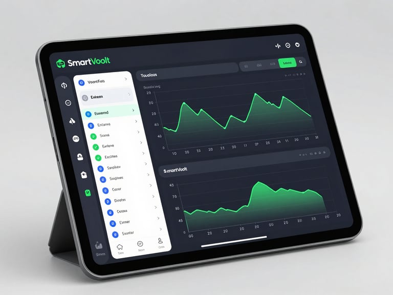 Full-screen interface mockup of the SmartVoolt app dashboard on a tablet, showing real-time voltage graphs with green data lines, event log entries, and stabilization status indicators on a dark UI background, bright studio lighting, tight framing
