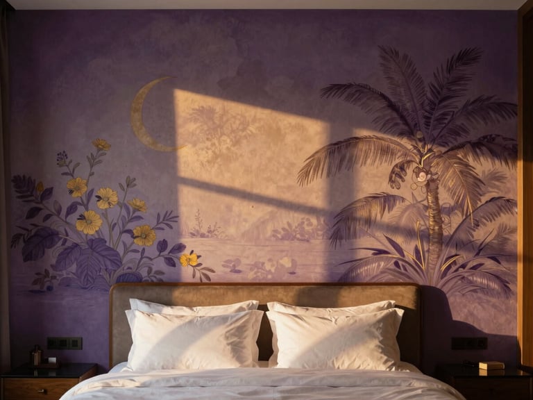Warm editorial interior photography of a luxury bedroom with a delicate artistic mural printed directly onto the plaster wall behind the bed, soft golden-hour lighting