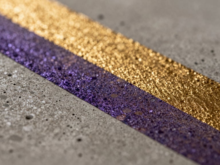 Macro photograph of cured UV ink on raw concrete, showing the microscopic texture of the pigment embedded in the stone pores, gold and violet tones