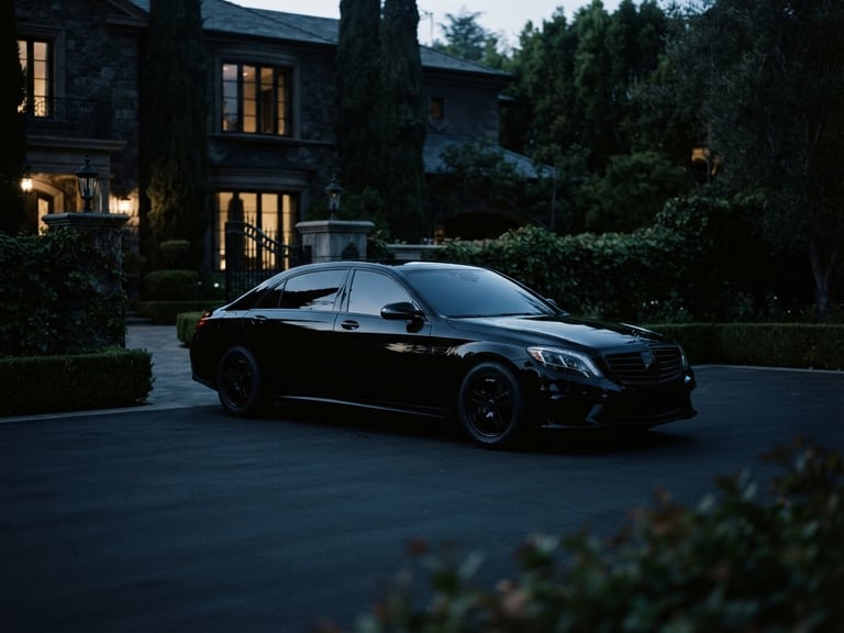 Moody cinematic photography of a sleek black armored sedan parked outside a Beverly Hills estate at twilight, soft rim lighting highlighting vehicle contours, 35mm.