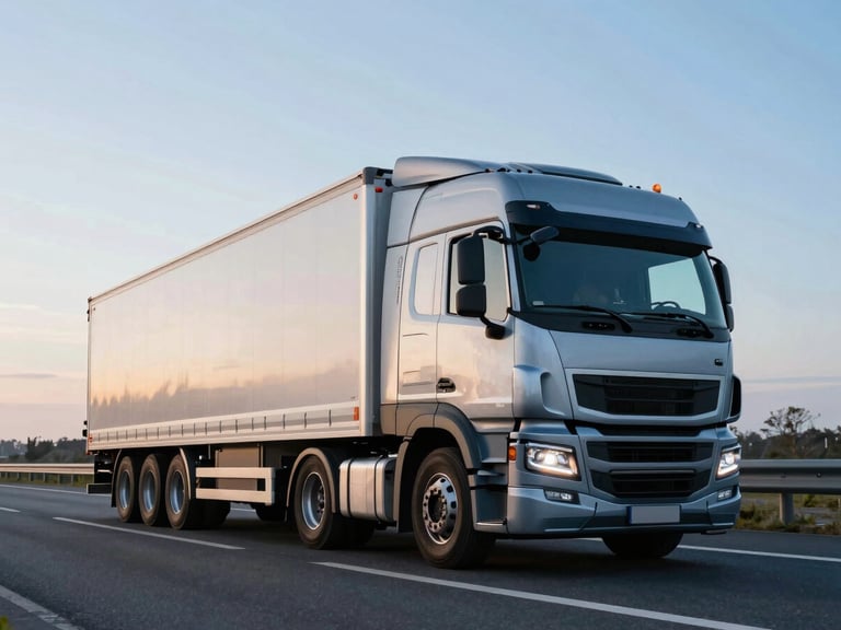 Crisp commercial photography of a modern clean truck on a European highway at sunrise, cool blue and metallic tones, wide-angle lens, sharp focus
