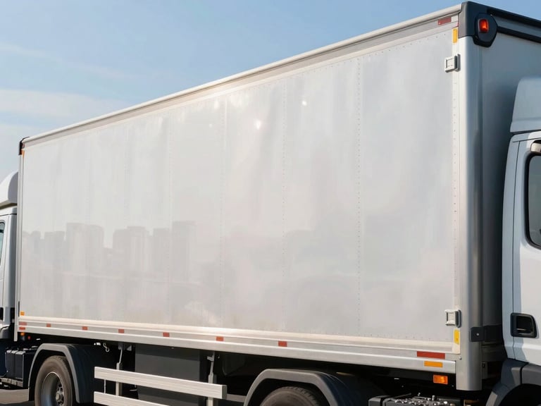 Close-up of industrial cargo secured professionally inside a clean modern transport truck, bright morning daylight, metallic tones, sharp focus