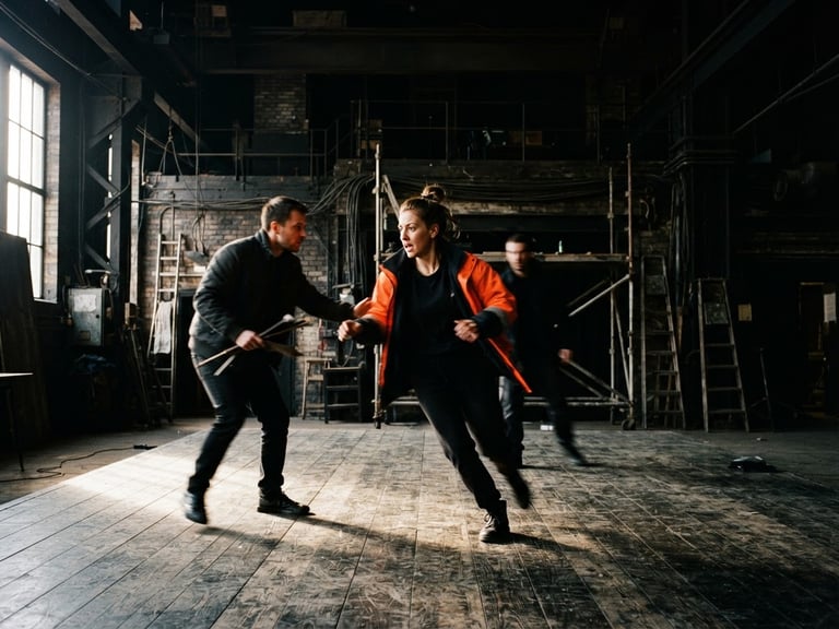 Industrial interior photography, dramatic high-contrast side-lighting, actors in motion during rehearsals on a raw wooden floor, deep shadows, 35mm film.