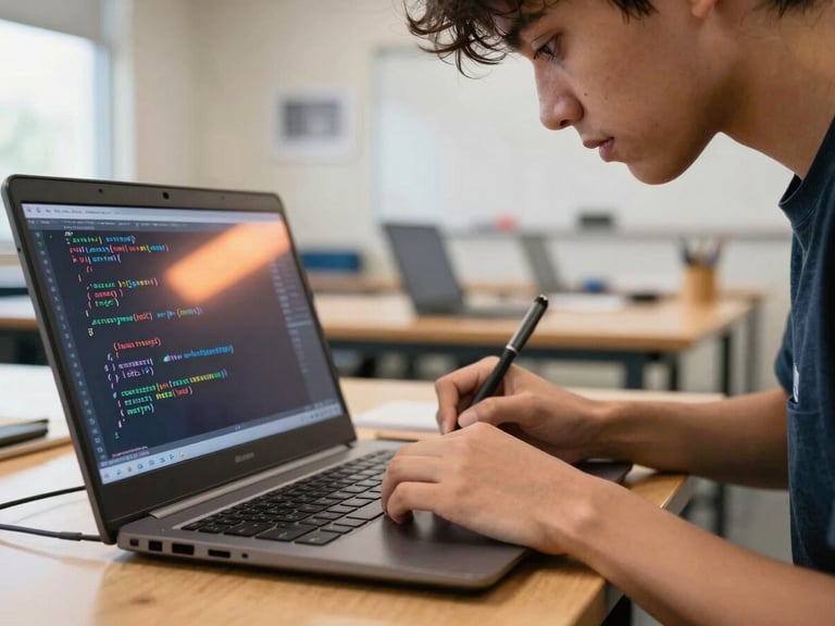 Dynamic close-up of a student writing Python code on a rugged laptop in an Atlanta workshop, warm screen glow reflecting on their face, 35mm lens.
