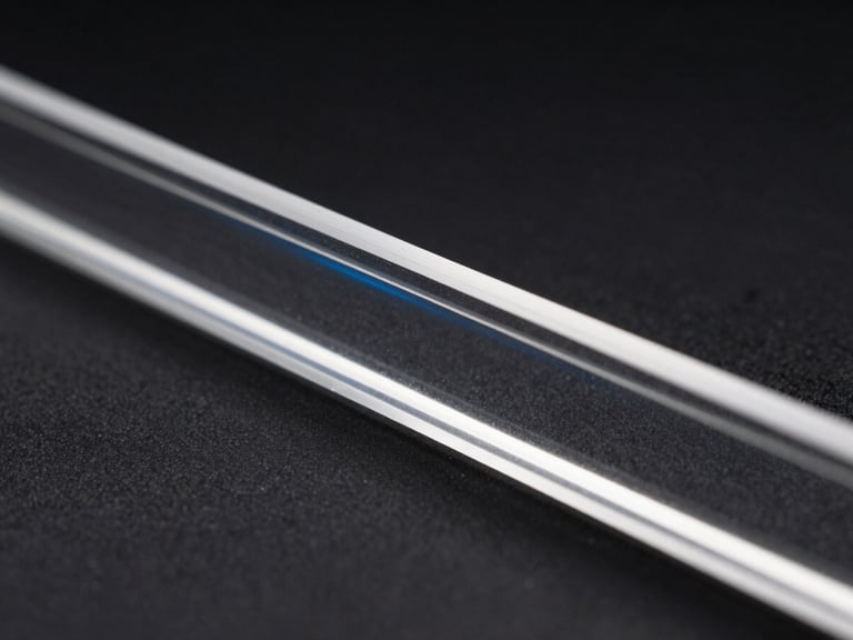 Extreme close-up of a laser-cut acrylic edge, perfectly clear and smooth, with a subtle blue laser beam reflection, high-contrast dark studio lighting.