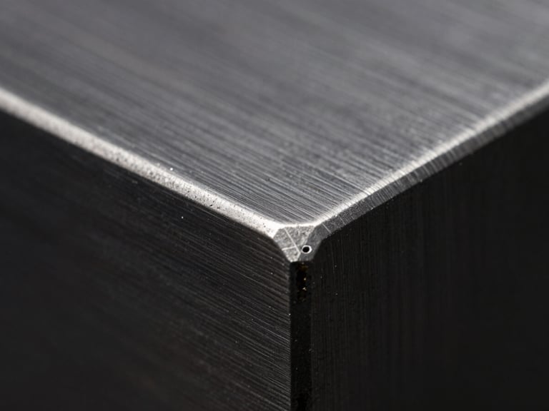 Macro close-up of a laser-cut edge on stainless steel, showing a clean, burr-free finish, high-contrast dark studio lighting, crisp depth of field.