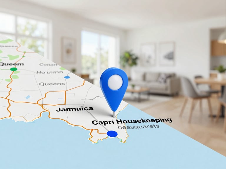 A detailed map highlighting Jamaica, Queens, NY, with a pin marking the location of Capri Housekeeping Inc. headquarters, clean and modern graphic style.
