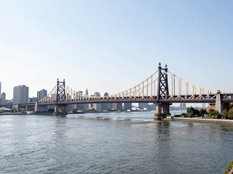A wide, bright panoramic shot of the Queensboro Bridge spanning the East River, with the Manhattan skyline in the distance, natural daylight, crisp focus, high-end editorial style.