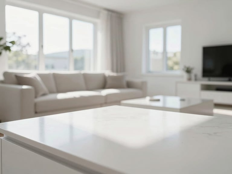 Bright, clean, modern living room after a deep clean, sunlight streaming through windows, crisp focus on polished surfaces.
