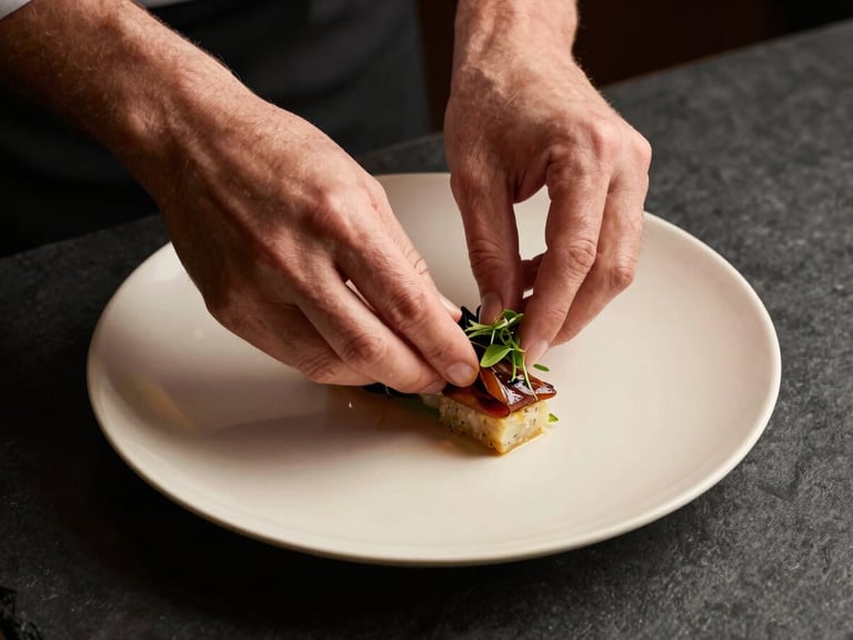 Close-up overhead shot of a chef's hands carefully placing garnish on a plated dish set on a dark slate surface, soft warm tungsten light from the left, precise and deliberate movement, cream-toned porcelain plate