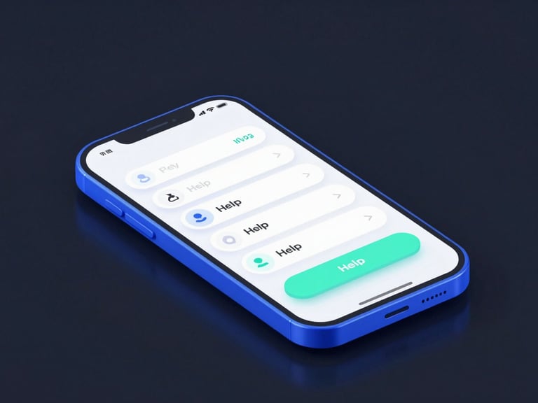 Isometric device mockup showing a generic help interface, sleek digital 3d render, electric blue accents.