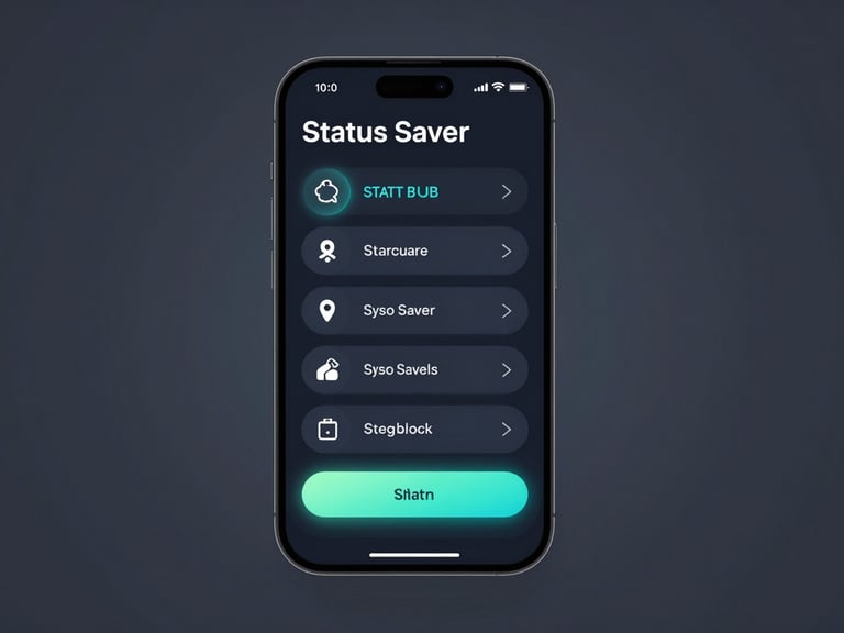 High-fidelity mobile UI mockup showing Status Saver settings, clean vector device frame, cool-toned ambient glows.