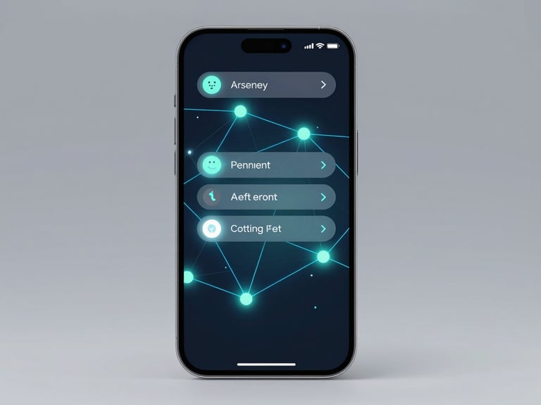 Clean vector device frame displaying a smartphone's app permissions screen, abstract glowing network nodes, subtle neon backlighting.