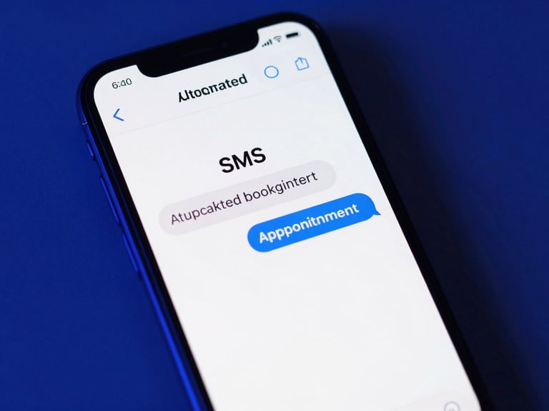 Tight macro shot of a clean mobile interface mockup showing an automated SMS conversation booking an appointment, cool-toned studio lighting with deep blue and electric indigo ambient glows, sharp shadows.