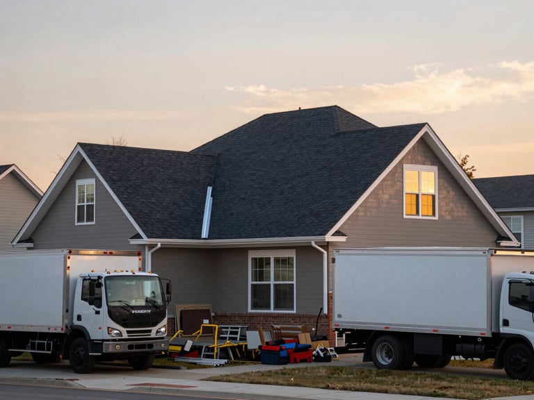 Wide environmental shot of a newly completed asphalt shingle roof on a South Shore residential home at golden hour, truck parked on the street in front, tools packed away, clean ridge cap visible against a pale autumn sky