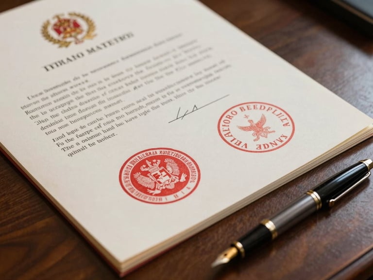 Close-up of official treaty documents with sovereign seals, resting on a dark wood desk next to a classic fountain pen, natural side lighting