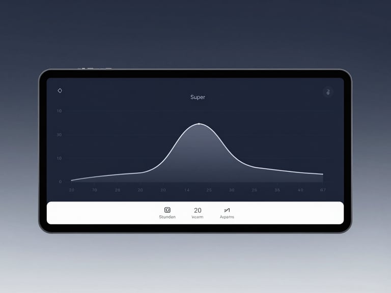 Sleek software product photography showing a clean dashboard with student memory retention curves, dark navy theme, minimalist UI, soft studio light, 50mm lens