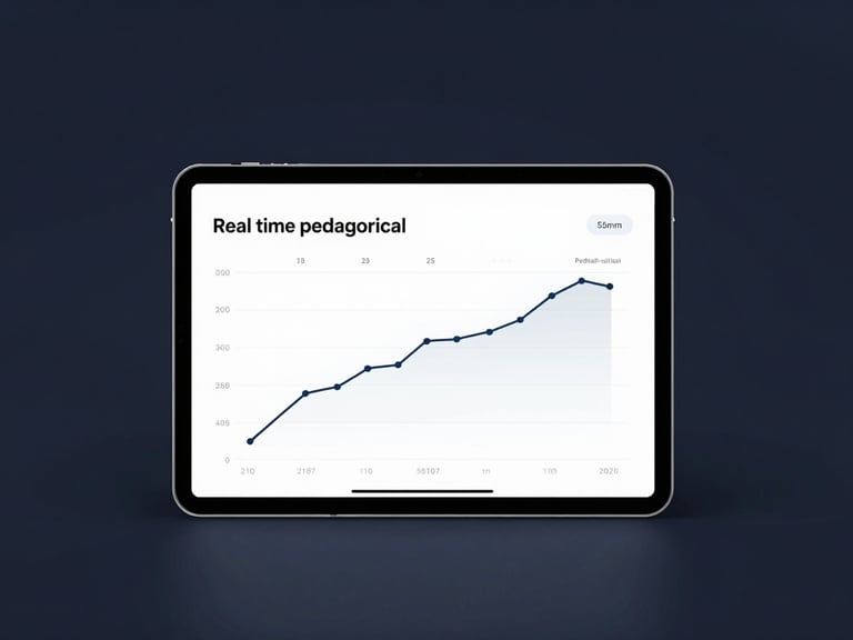 Sleek software product photography showing real-time pedagogical analytics on a tablet screen, dark navy background, minimal tech aesthetic, 50mm lens