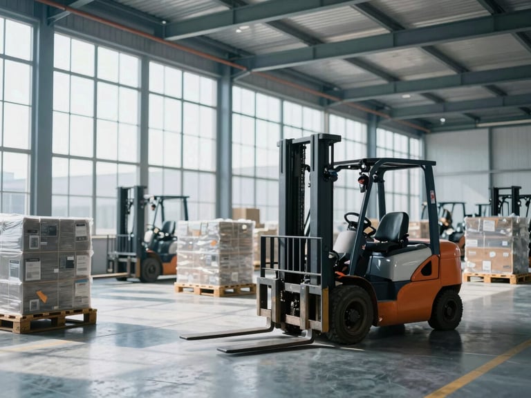 Wide shot of a modern, clean industrial warehouse aisle with forklifts moving pallets of goods, bright daylight streaming from high windows, cool blue tones, sharp focus