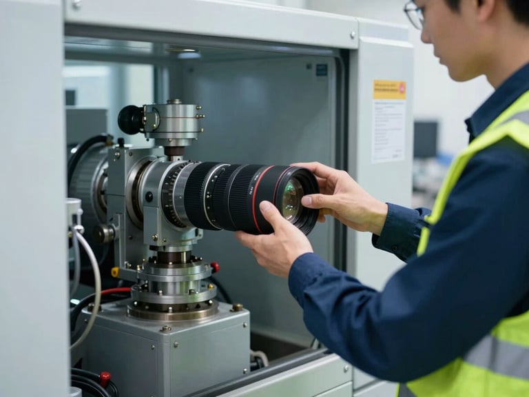 Technician in high-visibility vest inspecting a complex industrial machine in a well-lit facility, close-up on hands and equipment, crisp industrial photography